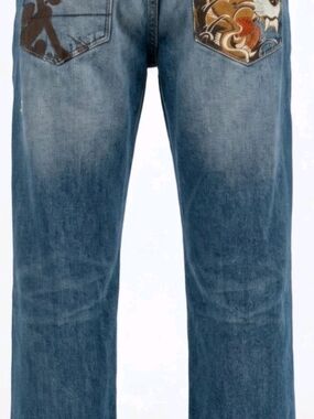 Y2K VTG Destressed Request Men Straight Leg Embroidered Back Pocket Jeans 40×34